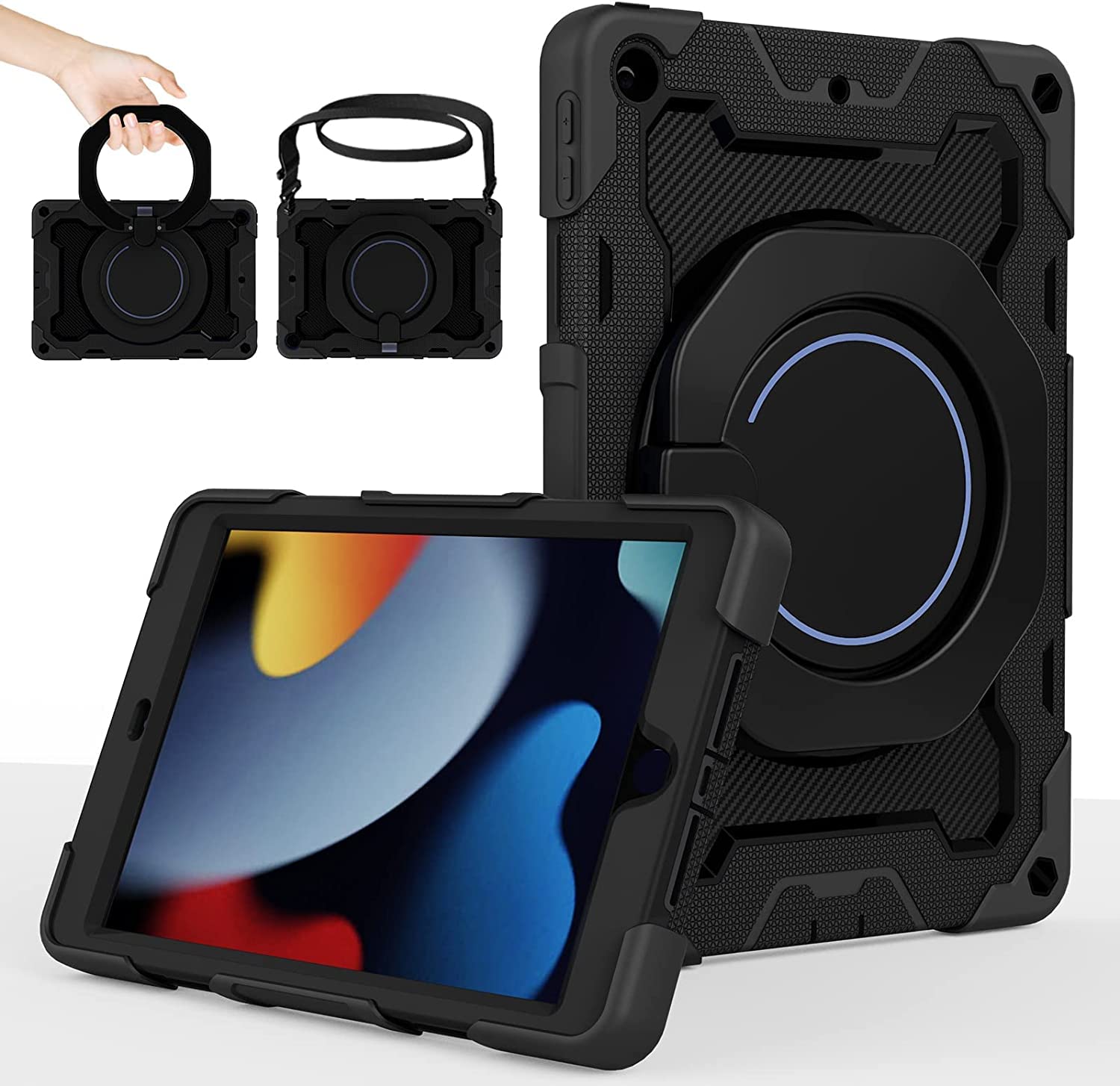 緃置き iPad 10.2 第9/8/7世代 ケース 耐衝撃 肩ショルダー付き 360°回転 スタンド ペン 収納 ipad 10.2インチ 2021/2020/2018/ シリコン ハード 防塵 かわいい アイパッドカバー キッズ 子供, ブラック