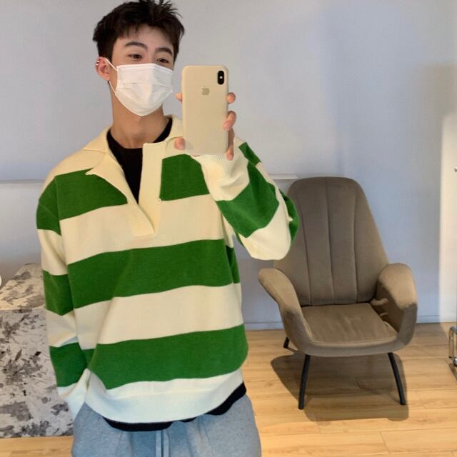 【予約販売】ニット セーター ボーダー柄 無地 メンズ グレー グリーン 襟付き オーバーサイズ こなれ感 ストリート お洒落 韓国 トレンド 秋冬 S/M/L/XL