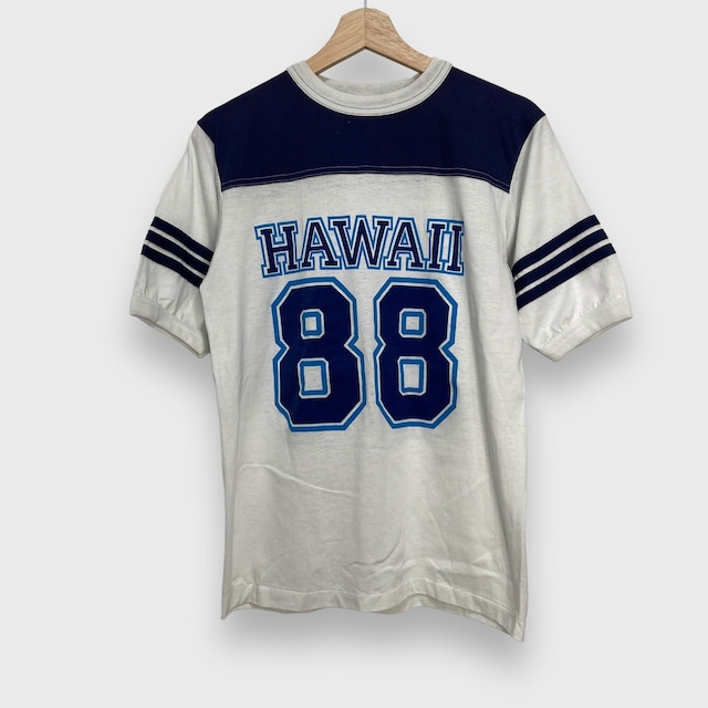 80s USA製 ナンバリングフットボールTシャツ ハワイロゴ 88 白 紺 M