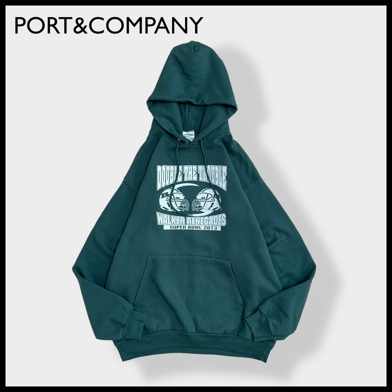 【PORT&COMPANY】アメフト スーパーボウル DOUBLE THE TROUBLE WALKER RENEGADES SUPER BOWL 2013 ロゴ パーカー プリント スウェット フーディー hoodie プルオーバー L us古着