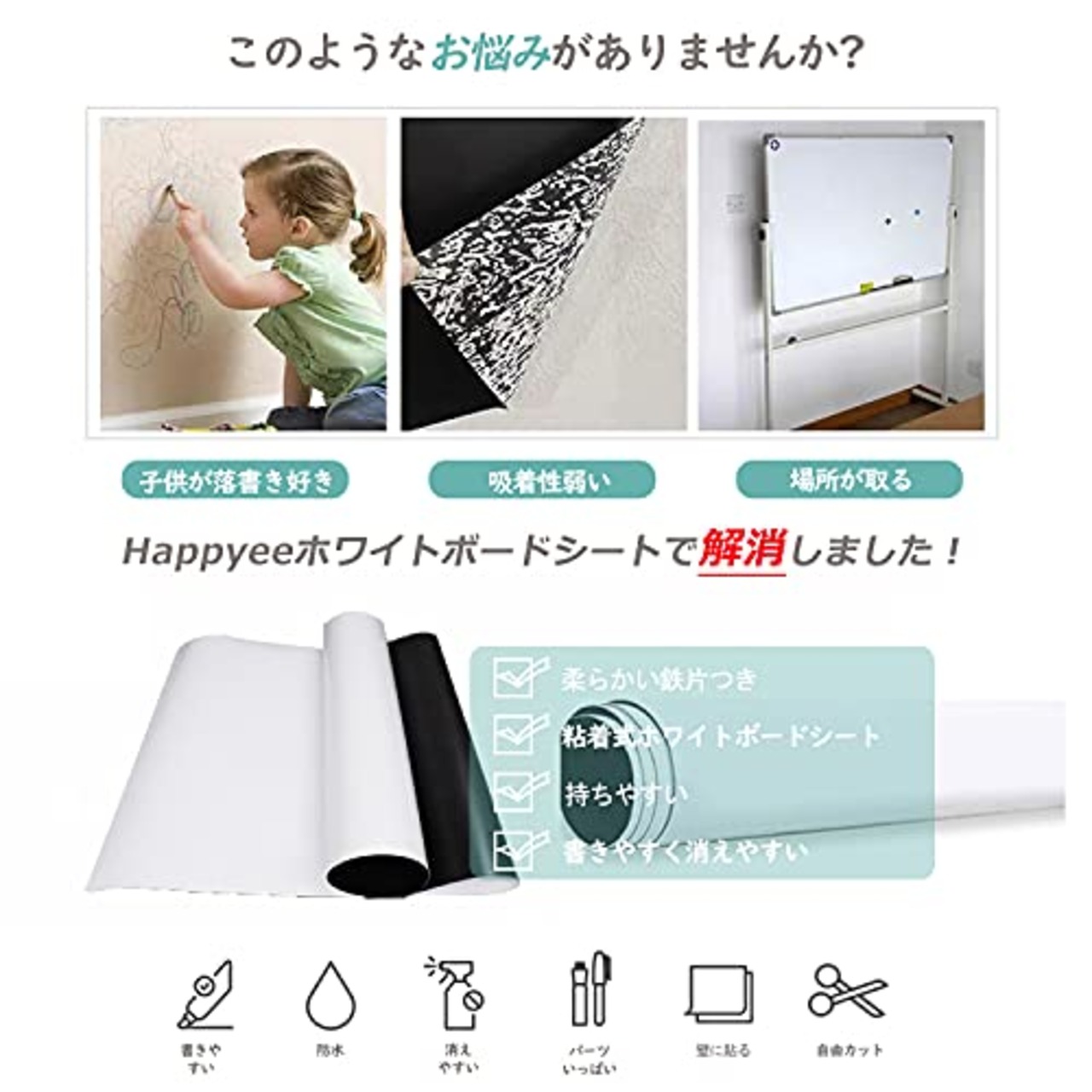 Happyee ホワイトボート シート ホワイトボード ホワイトシート 粘着式 マグネット対応 壁に貼り付け はがせる 自由に裁断 予定表 こども落書き 掲示板 メモー用に対応 40*80cm