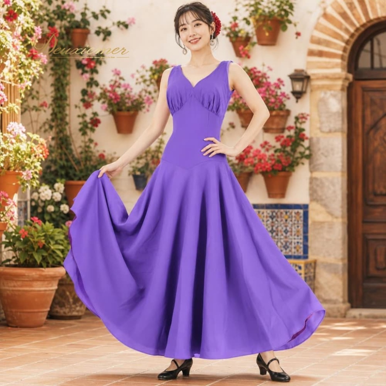 フラメンコ 衣装 アトリエ貴美恵 ドレス ワンピース パープル系 紫 無地 ノースリーブ ダンス パーティ 発表会 シンプル 軽い レッスン 練習 舞台衣装 ダンス衣装 ダンスウェア