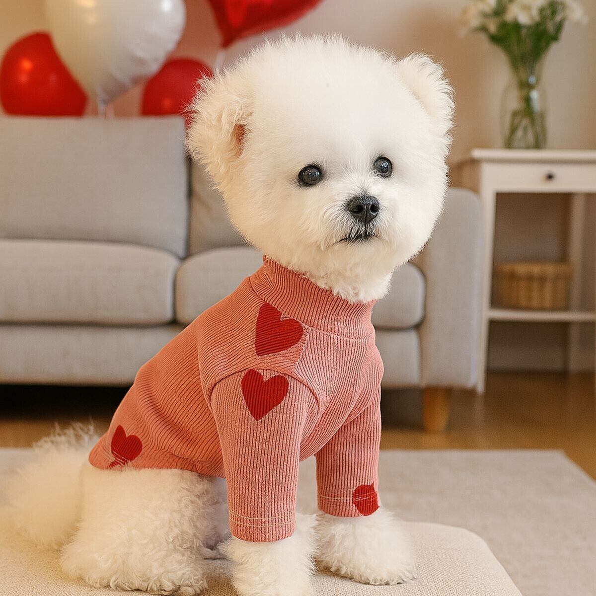 犬服 ハート柄タートルネック長袖ニット トップス ペット服 犬