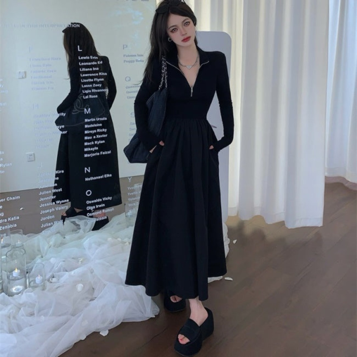 黒 ワンピース 韓国 ファッション レディース フレア Aライン ロング 