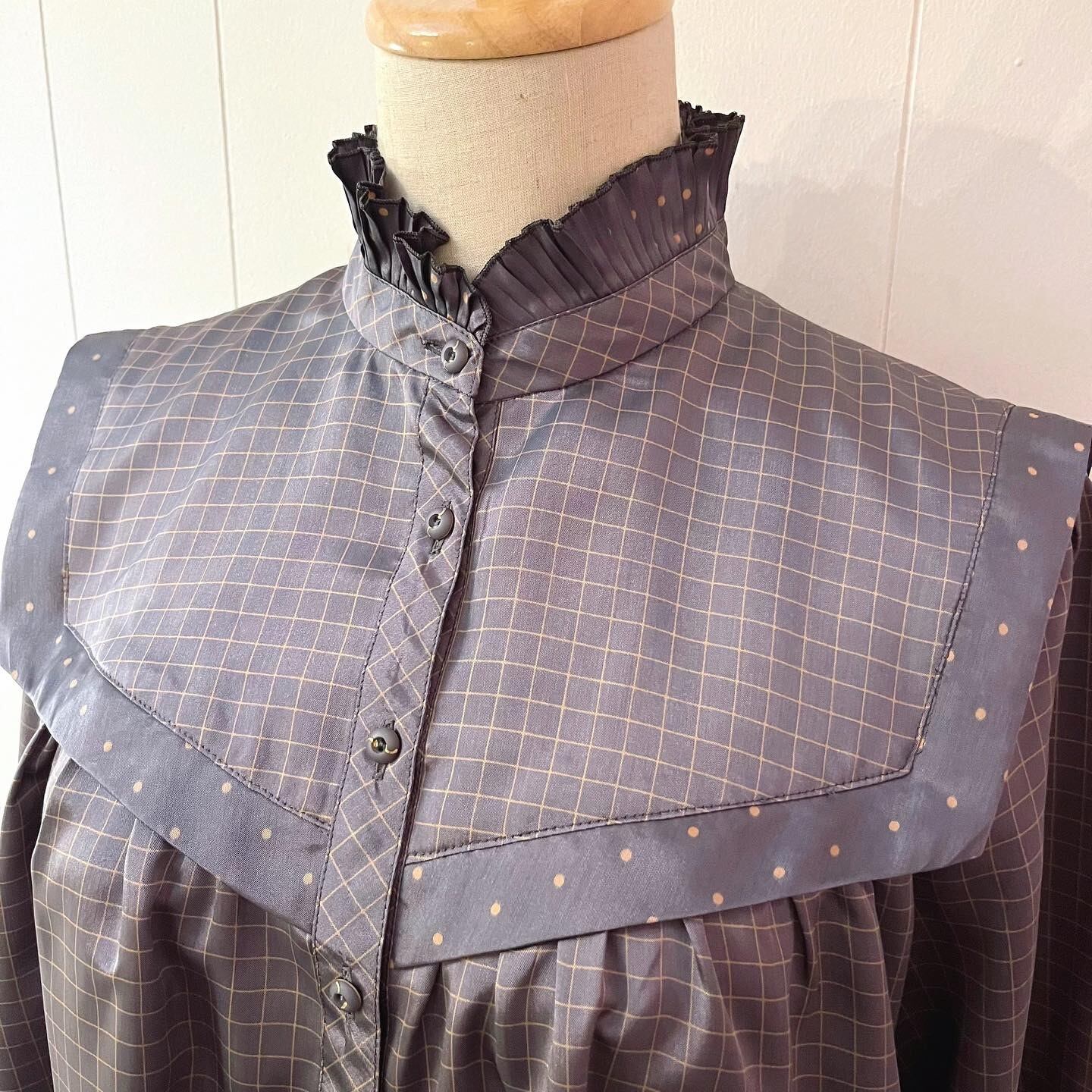 blue gray check long blouse
