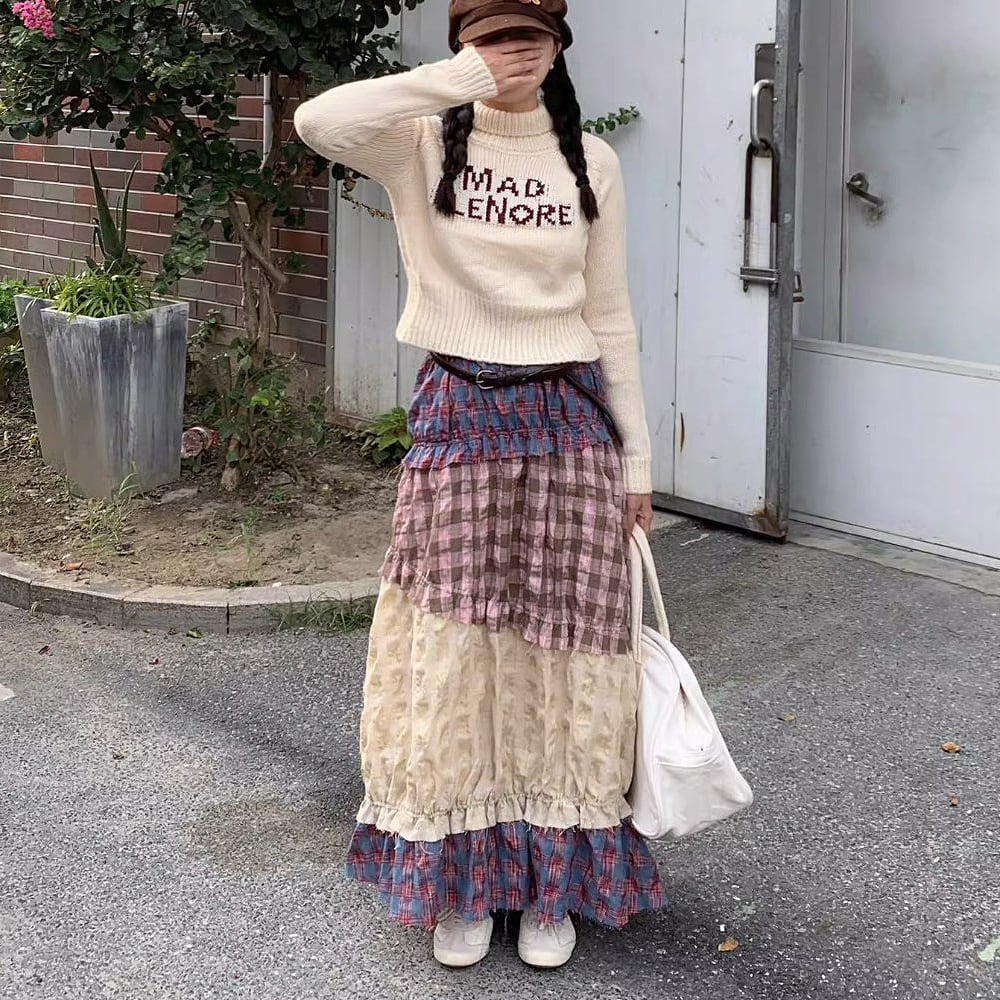 パープル系チェック柄ティアードロングスカート パッチワーク風