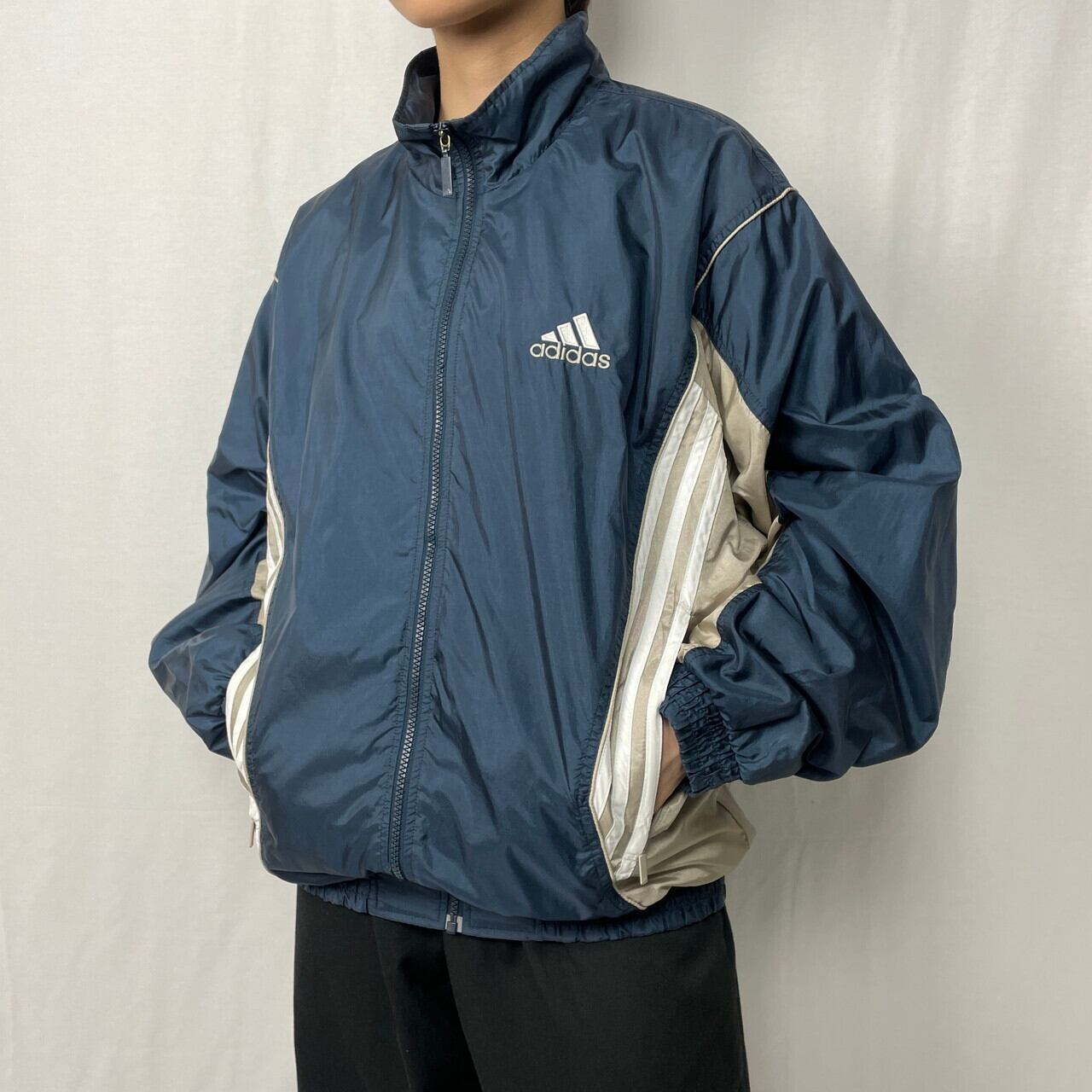 オールドビンテージUS90s adidasナイロントラックジャケット紺色