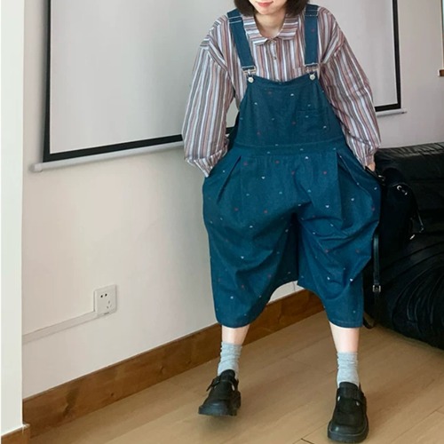 ハート刺繍デニムサロペットパンツ ・12547