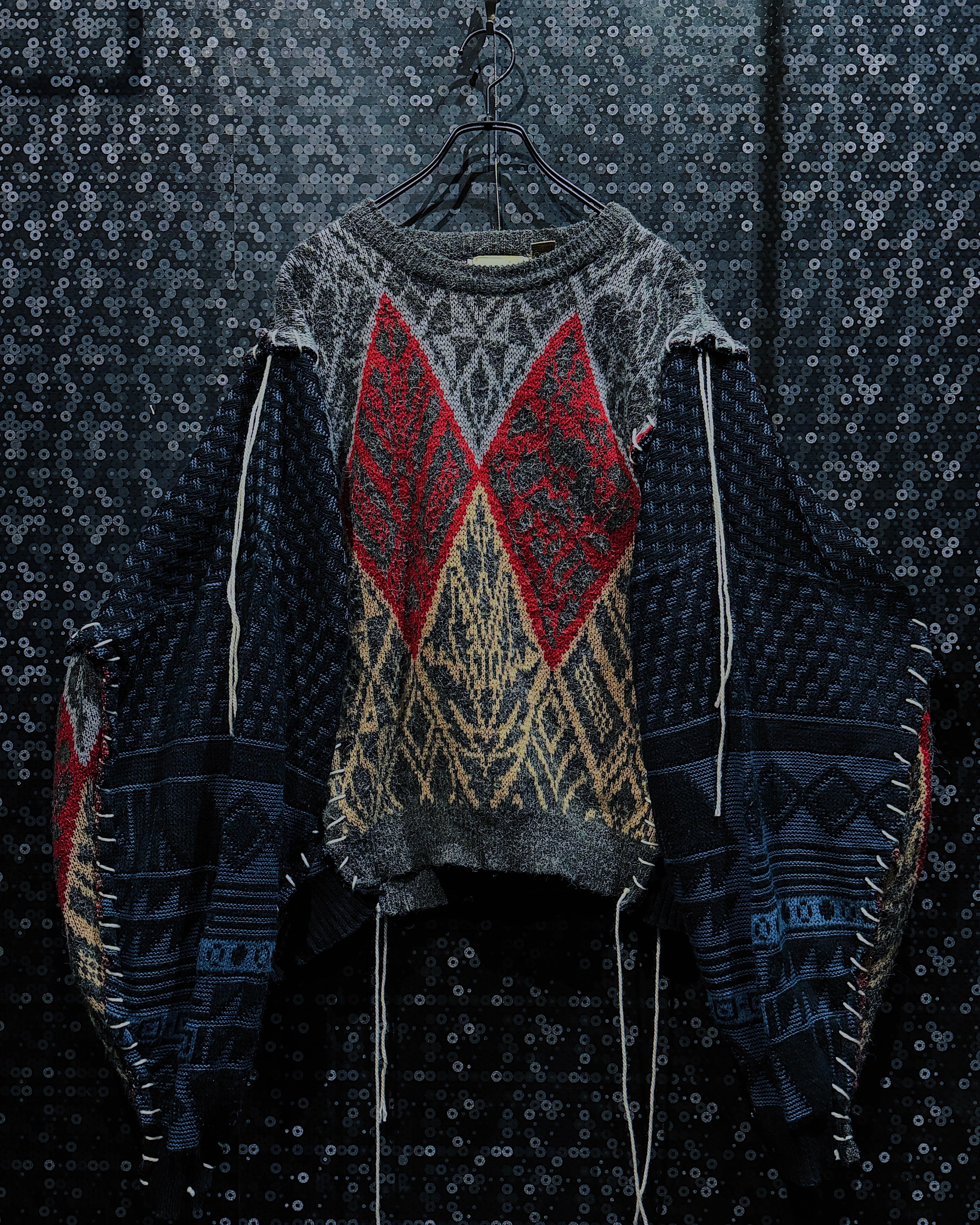 【ÆIEM】“再倖築” vintage Docking Expanded Knit Poncho Structure – Tribal Flame Composition