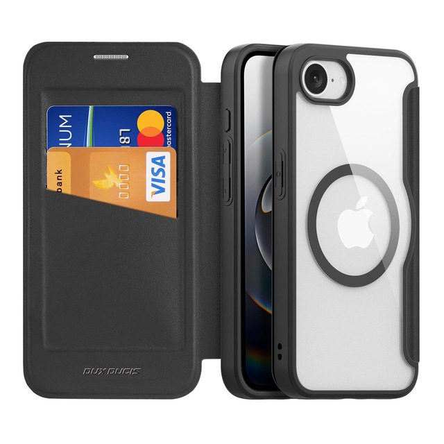 NODALA iPhone 16e/iPhone 17e 兼用 ケース 手帳型 MagSafe対応 カード収納 背面クリア ブラック