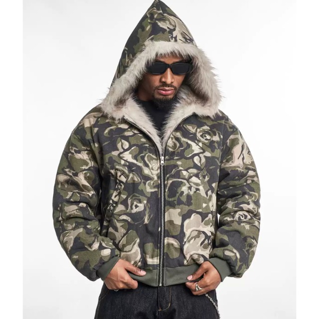 【DRIP6295】D/B Fur Hood Camouflage Cotton Jacket