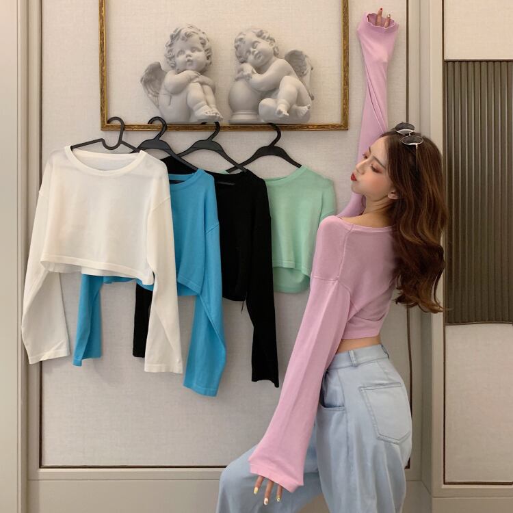 春夏婦人服2020年新作ショートサンスクリーンシャツクロップトップバージョンルーズで薄い長袖ニットブラウス 1号婦人46394793421