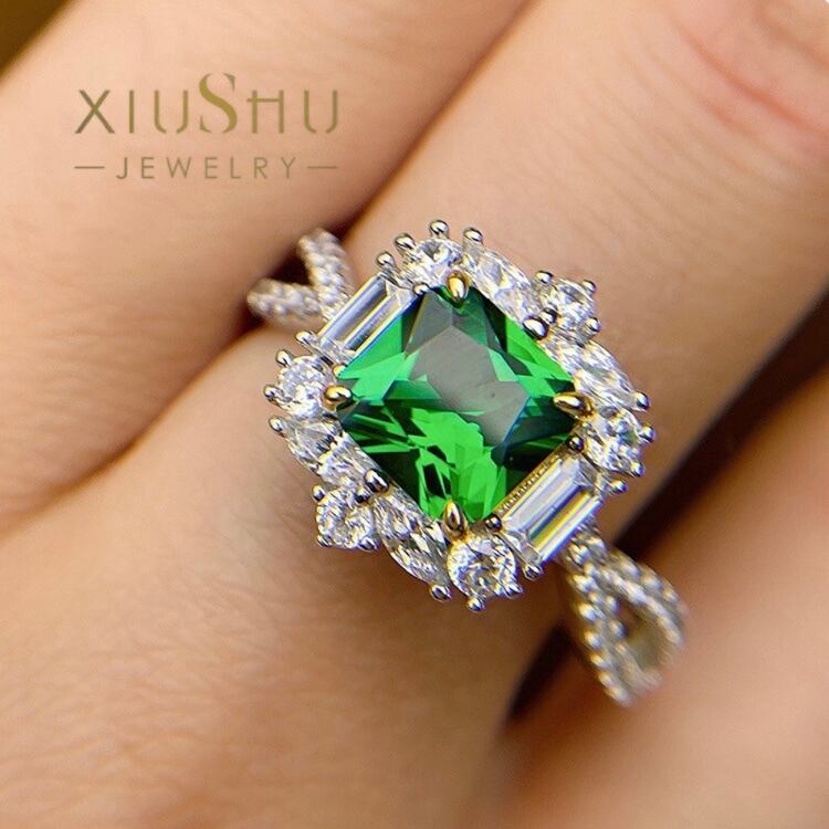 魅惑の エメラルドリング ダイヤモンド 照り煌めく 人工エメラルド グリーン 5カラット 高炭素ダイヤモンド キラキラ