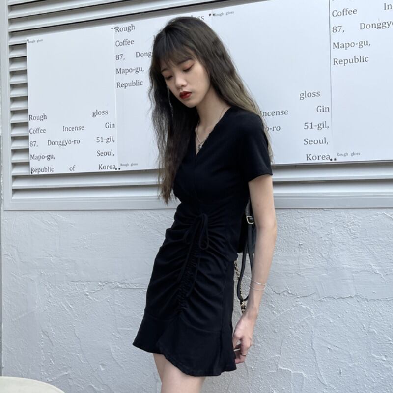ショートドレス サマー薄手ウェストAラインVネックブラック 夏物 YY-ファッション98959700186
