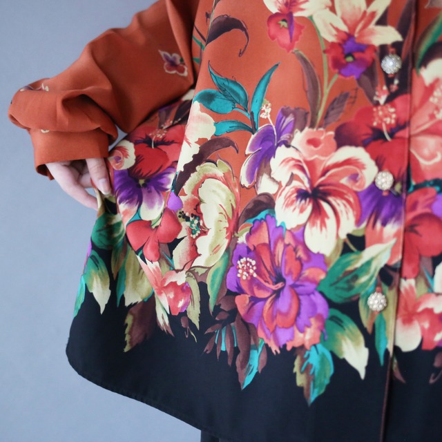 beautiful flower art pattern loose silhouette open collar shirt