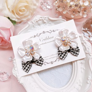 《 Flower bijou × Check ribbon 》フラワービジュー ギンガムチェックリボン ピアス/イヤリング