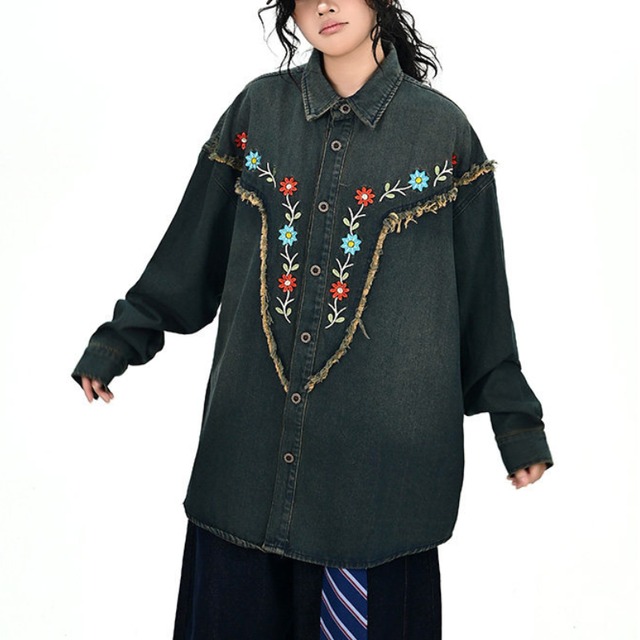 fringe flower denim shirt　フリンジフラワーデニムシャツ　J1684