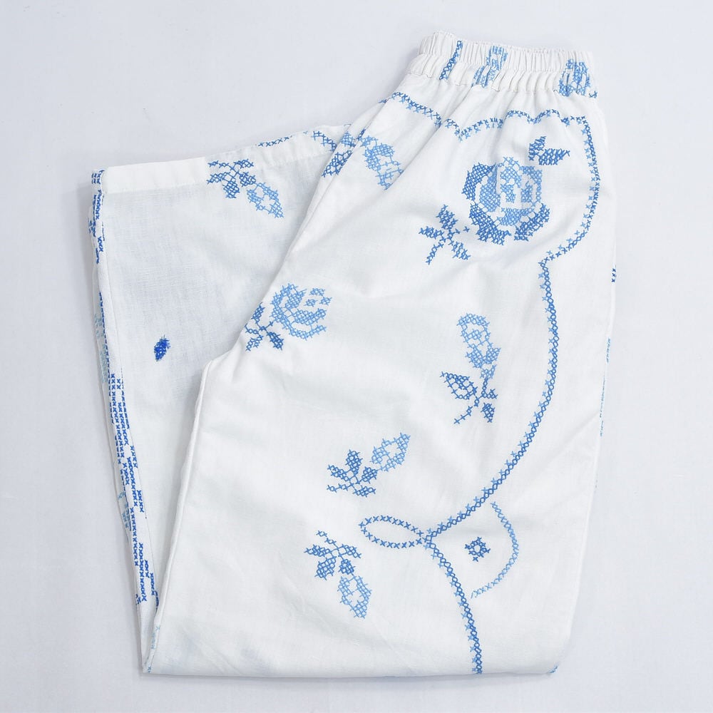 Remakeリメイク 再構築 パッチワーク&フラワー、アニマル刺繍 デザイン ルーズシルエット コットン イージーパンツ ホワイト 古着 裏地付き レディースW60~90cm