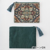 プリント＆ビーズ刺繍 ポーチL 20×15cm ネイビー／ナチュラル／グリーン