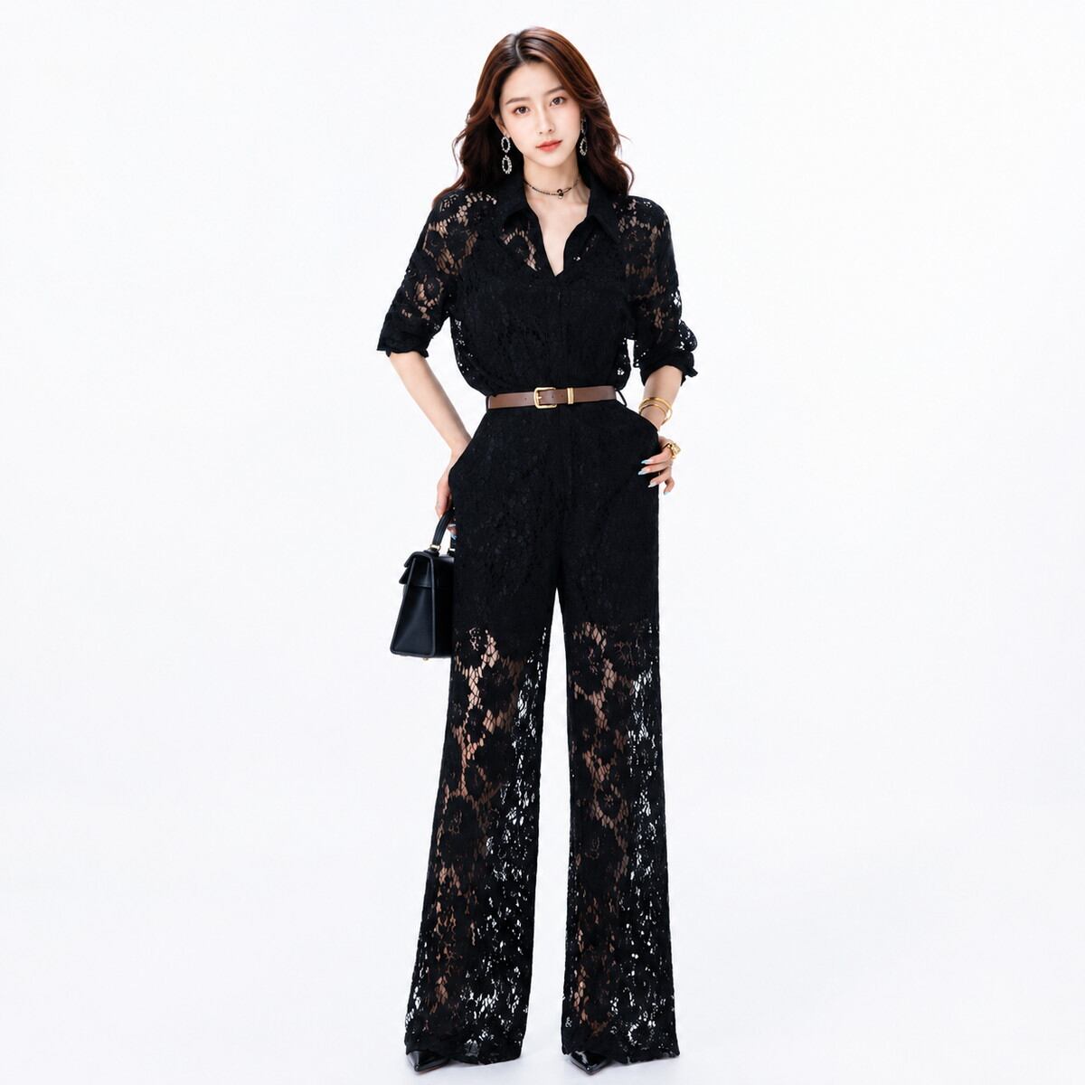 belted lace short sleeve all-in-one V3544