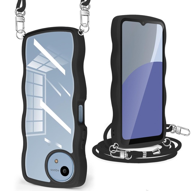 AQUOS R9/R10 ケース クリア ショルダー ストラップ付き SH-51F/SH-51E カバー かわいい 波状フレーム 人気 耐衝撃 透明 アクオス R9/R10 スマホケース 首かけ 肩掛け TPU 薄型 軽量(ブラック)