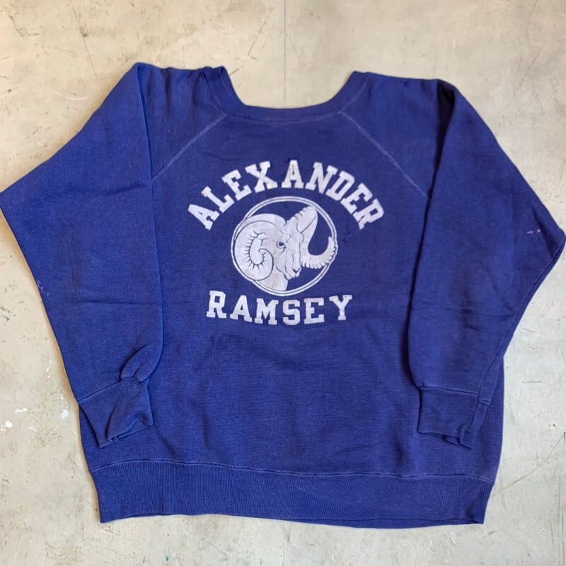 50's 60's UNKNOWN ラグランスウェットシャツ ALEXANDER RAMSEY フロッキープリント ネイビー ナス紺 M~L 希少  ヴィンテージ BA-1238 RM1607H | agito vintage powered by BASE