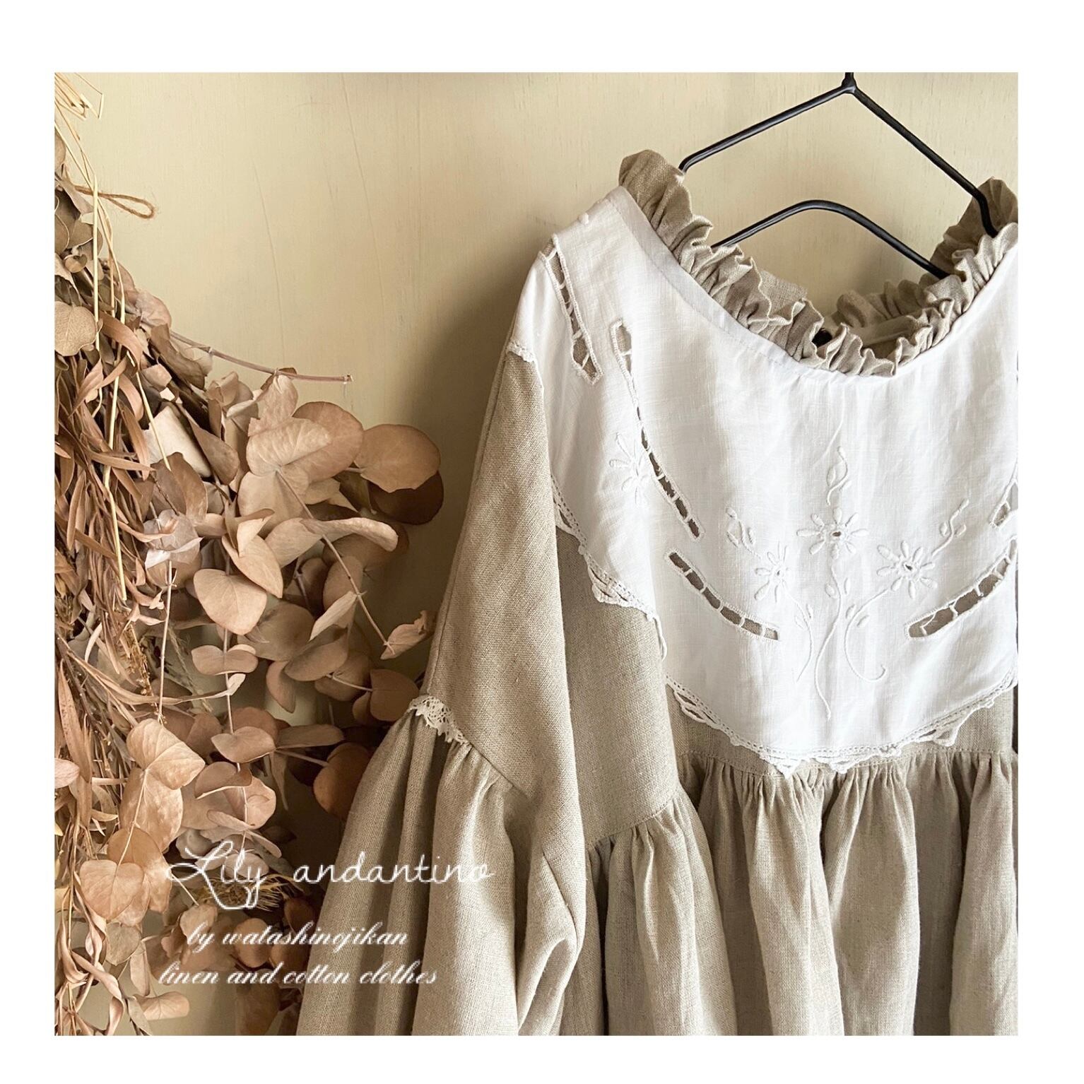 再販//フリルギャザーワンピース／ ヴィンテージレースa リネン生成り  