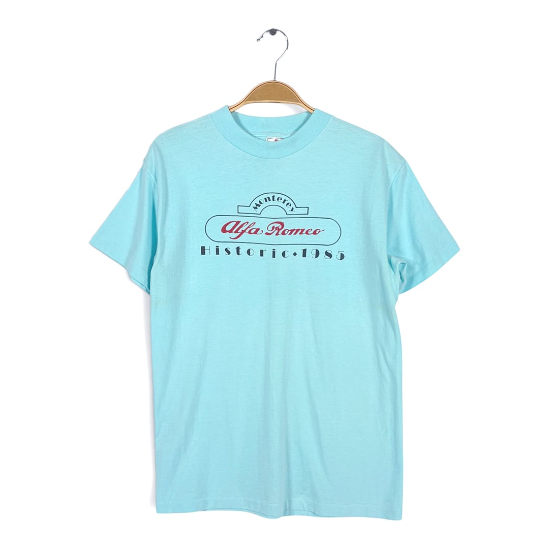 80s アルファロメオ USA製 ヴィンテージ Tシャツ イタリア自動車メーカー 企業系 ALFA ROMEO ライトブルー シングルステッチ サイズM 古着 BZ0580