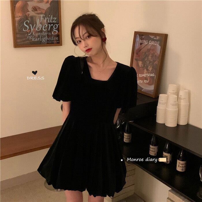 スタンダードベルベットドレス スカート ブラックAラインショート レトロ モンロー30089724627