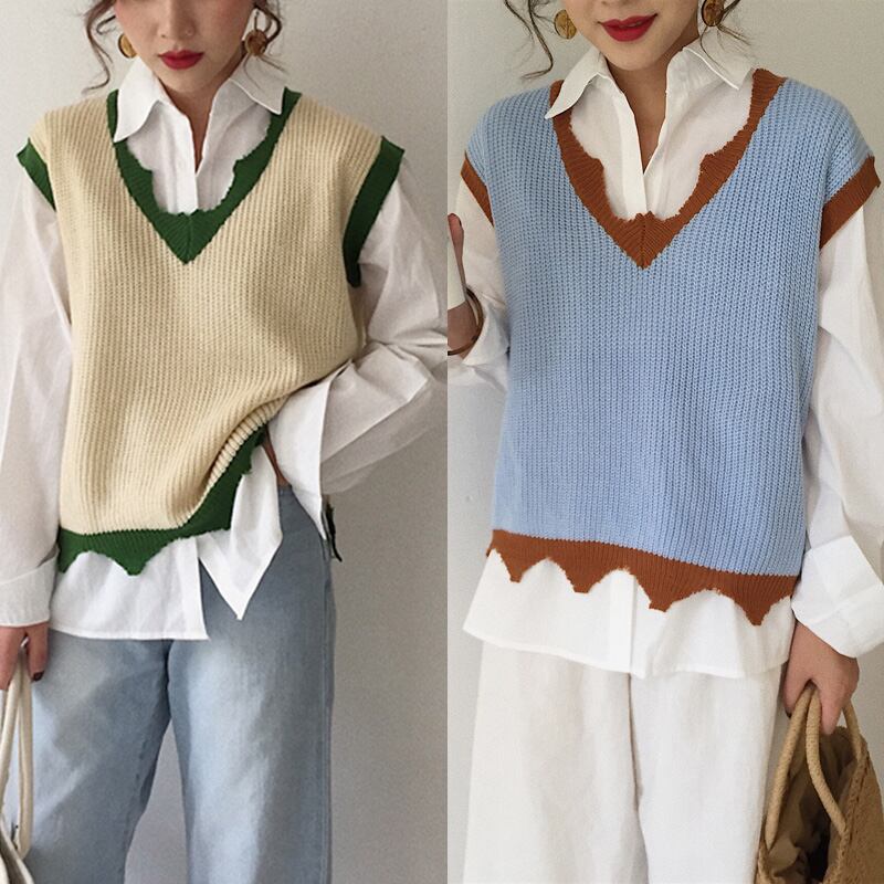 配色カラー・ランダムカットニットベスト