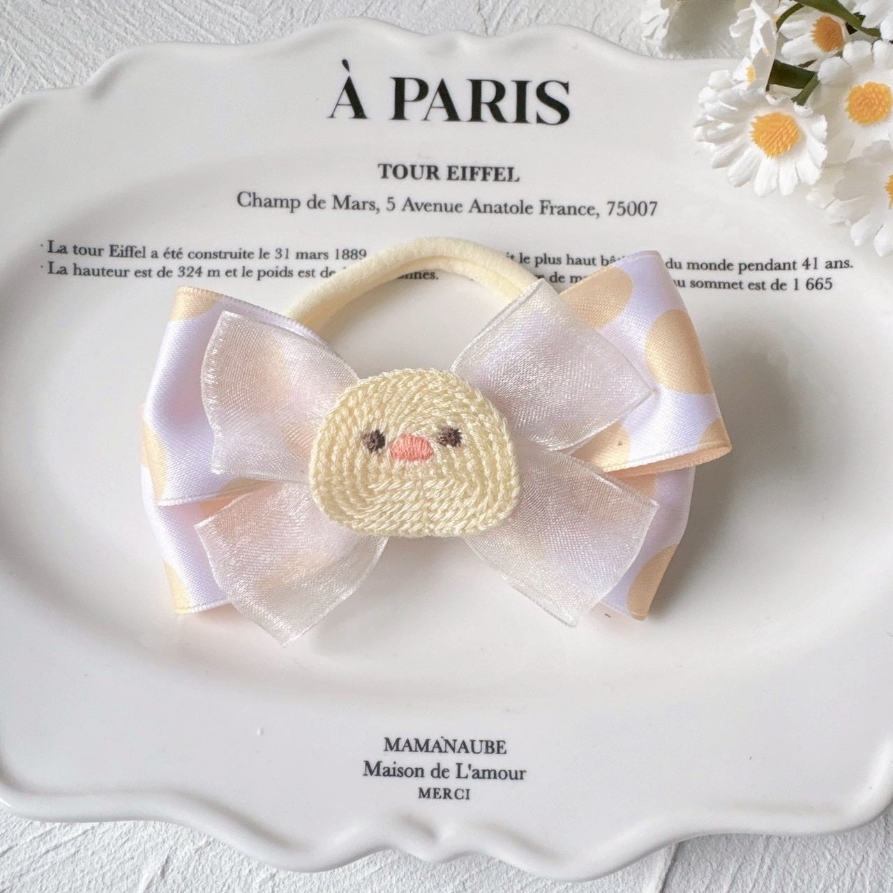 ひよことうさぎのドットリボンヘアバンド（後ろ支え付き）