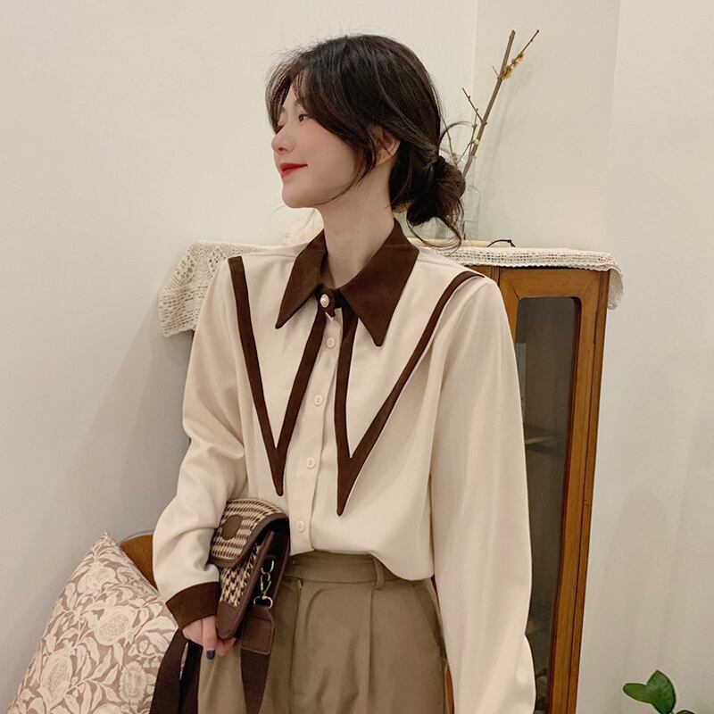 スプリングオータムシャツ スタンダードトップス ロング レトロ 大人ガーリー スウィート キュート カジュアル 春物 秋物 試着室55555983