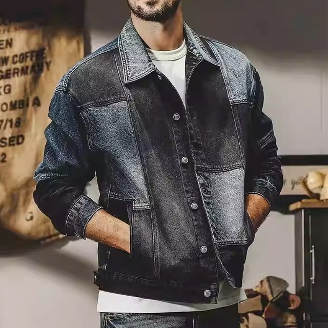 Patchwork Long Sleeve Hip-Length Denim Jacket ◇H0854