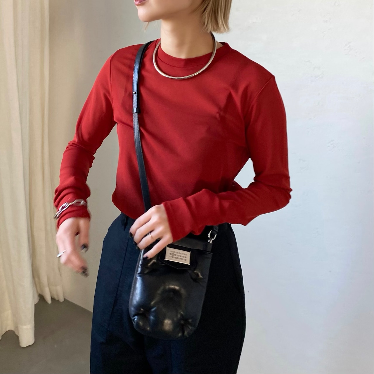 tulle sheer crew neck tops/red