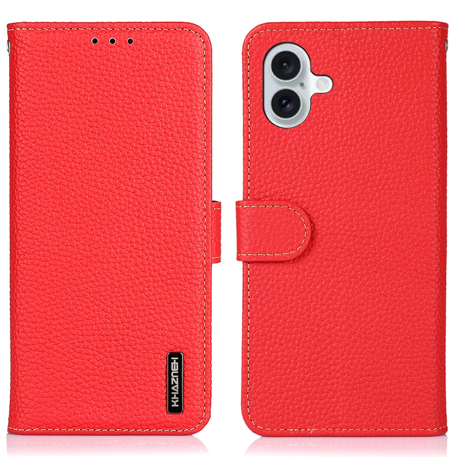 for iPhone 16 ケース 手帳型 本革 for アイフォン16 カバー 本革 財布型 シュリンクカーフレザー 高級本皮 ライチ柄 良い触り心地 サイドマグネット式 2枚カード収納 横置きスタンド機能 耐衝撃 XJUN レッド
