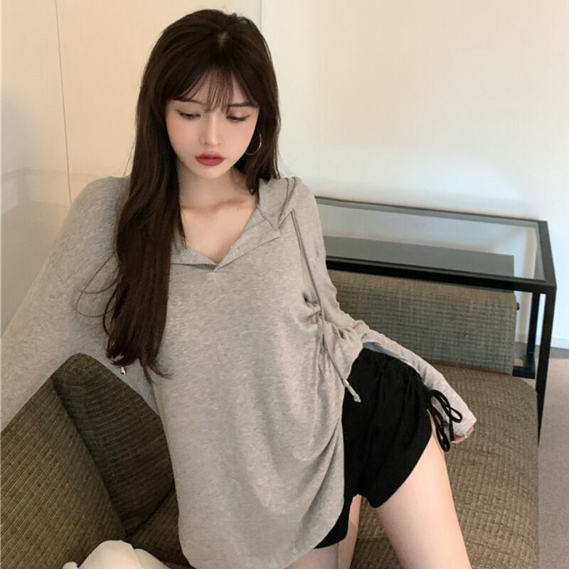 Tシャツ ルーズ薄手スタイルグレーフードトップス サマー ロング 夏物 YY-ファッション55938039582