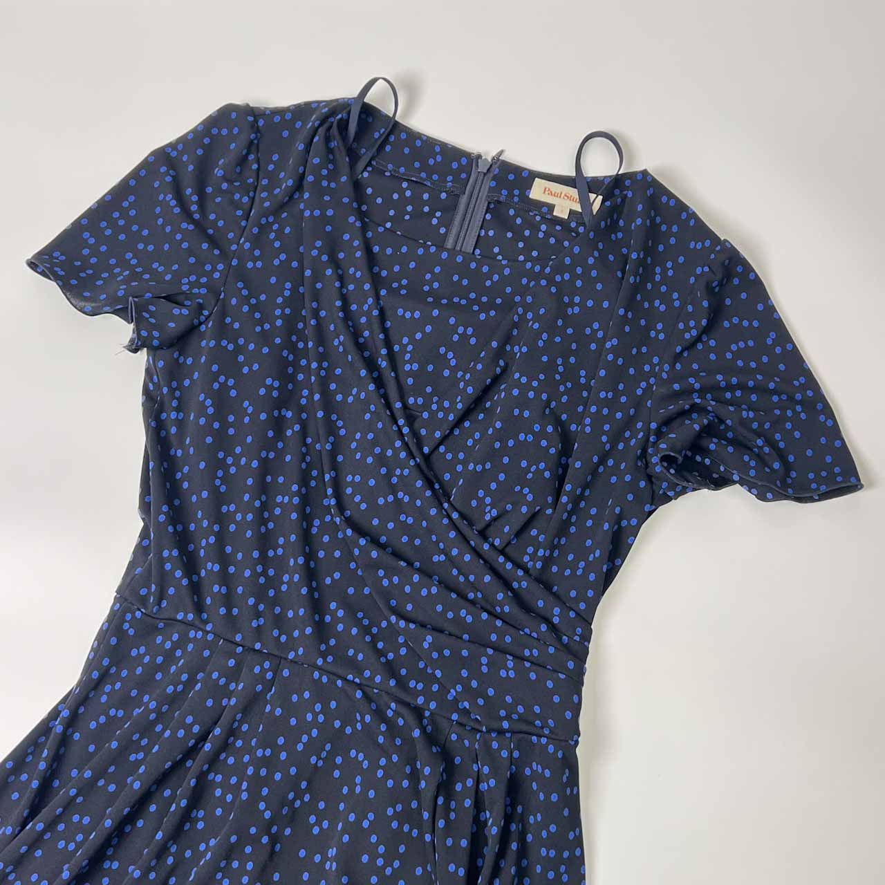 セットアップ Paul Stuart ポールスチュアート カシュクール ドット 半袖 ワンピース インナーキャミワンピース付き 8/ブラック×ブルー レディース