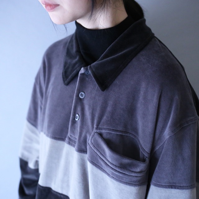 3-tone switching design over silhouette velours pullover