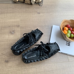 frill design ribbon square toe flat shoes J00046