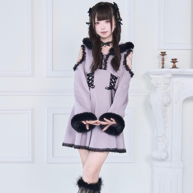 サブカル系 地雷/量産型 スウェット ワンピ フーディ オープンショルダー フェイクファー ふわふわ