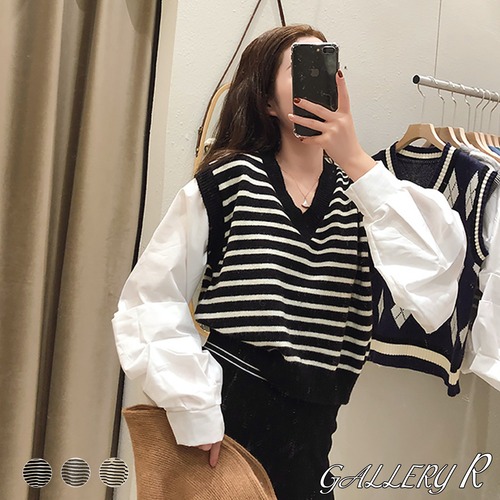 重ね着風　トップス　ブラウス　春ニット