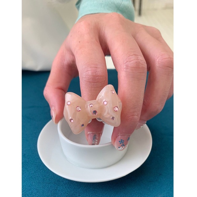 twinkle rhinestone ribbon pearl ring  e1859