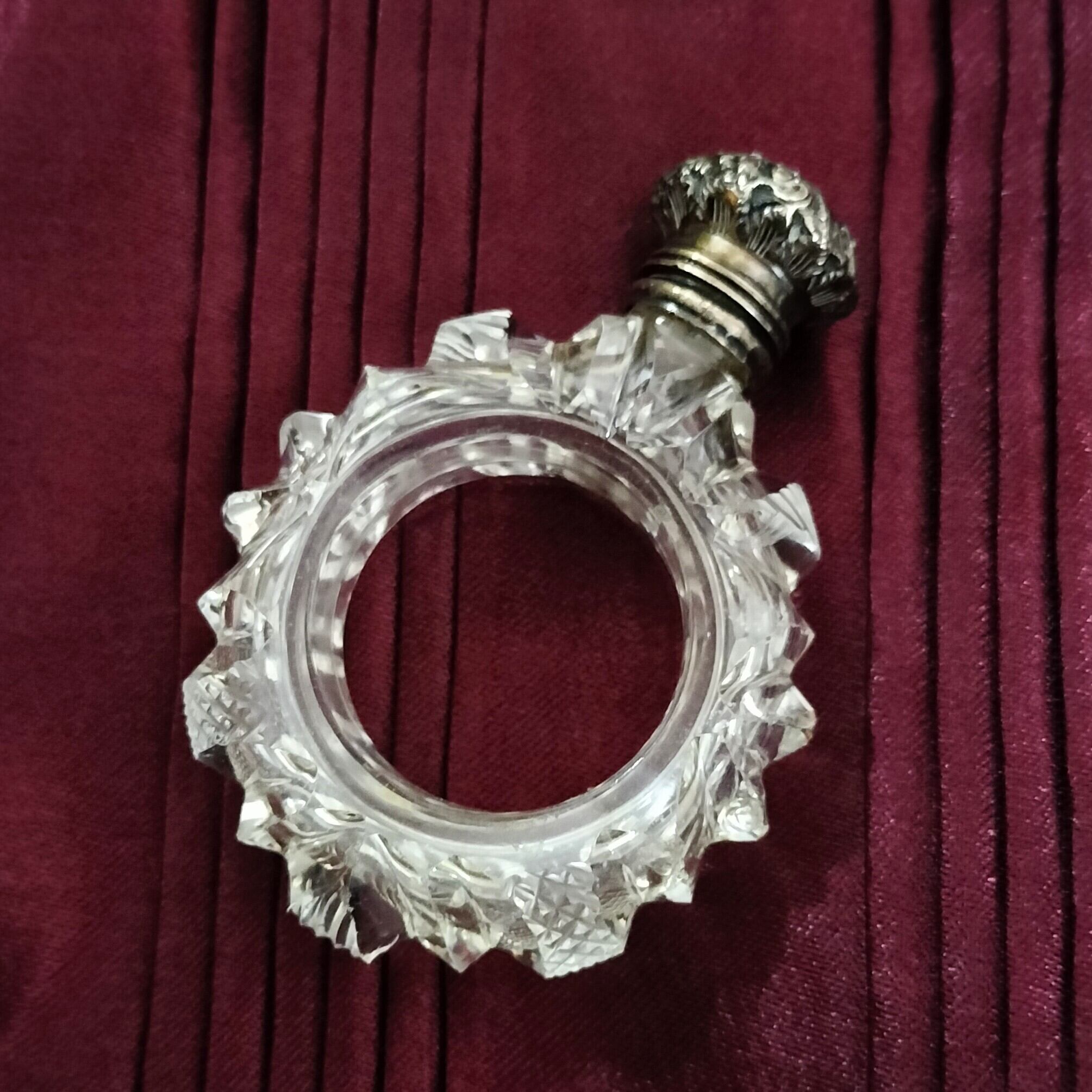 Rare Antique Cut Glass Ring Perfume Bottle