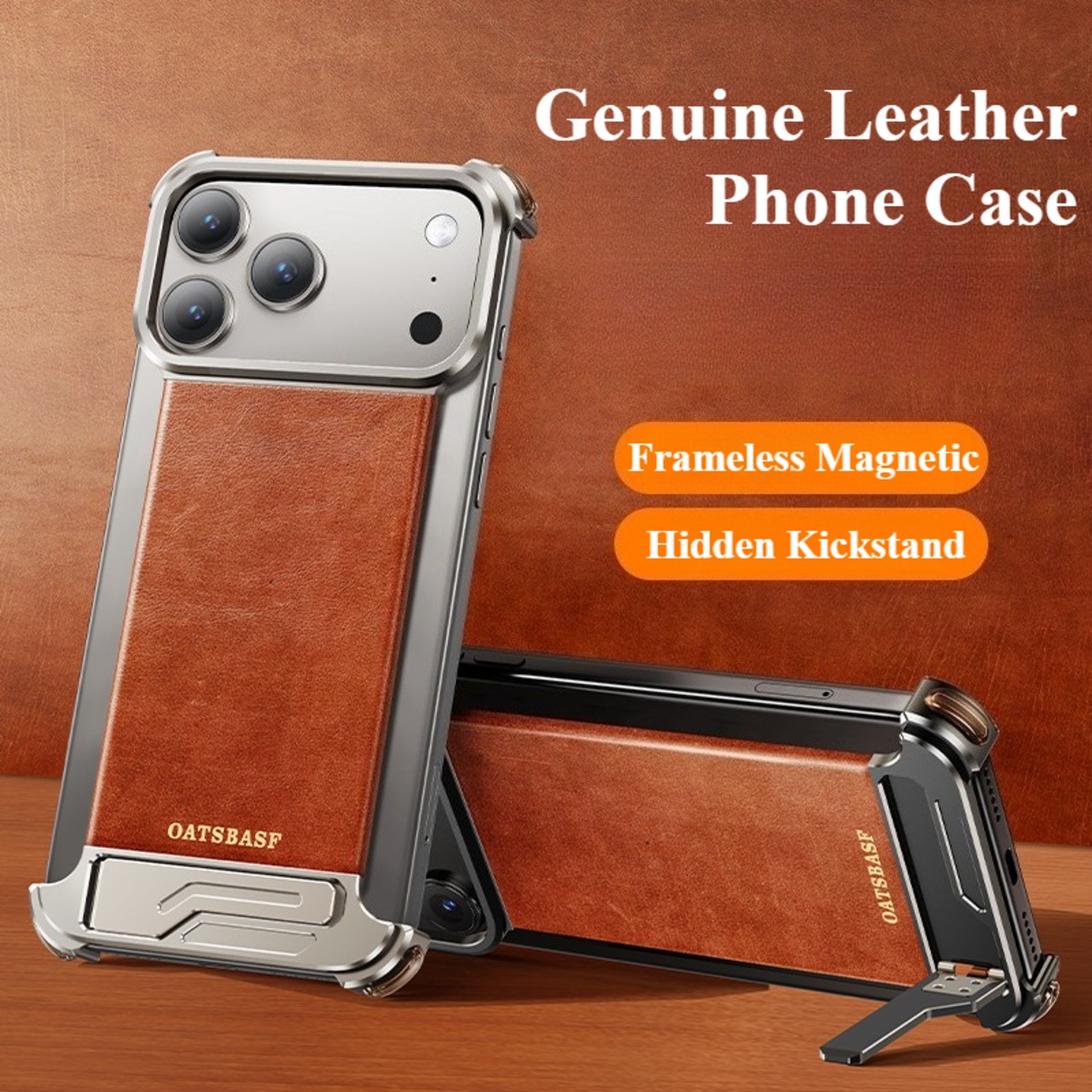 ◆iPhone 17/Pro/Pro Max◆ Genuine Leather Aluminum Kickstand Frameless Phone Case / 本革 アルミニウム スタンド フレームレス スマホケース