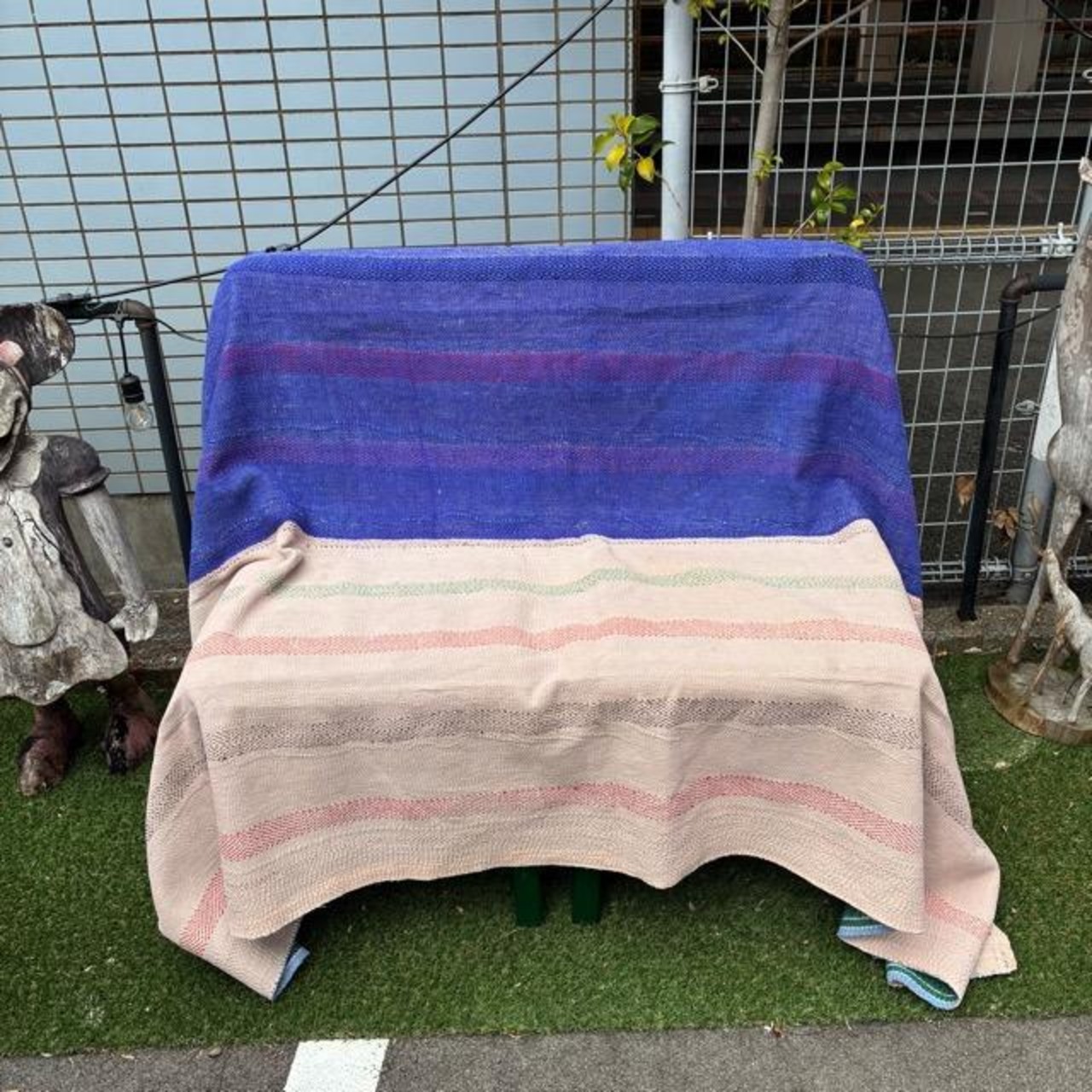 インド　ヴィンテージラリーキルト　24000-4　130×210cm　カンタ　ベッドカバー　ソファカバー　マルチカバー　ハンドメイド　１点もの　ブルー　グリーン
