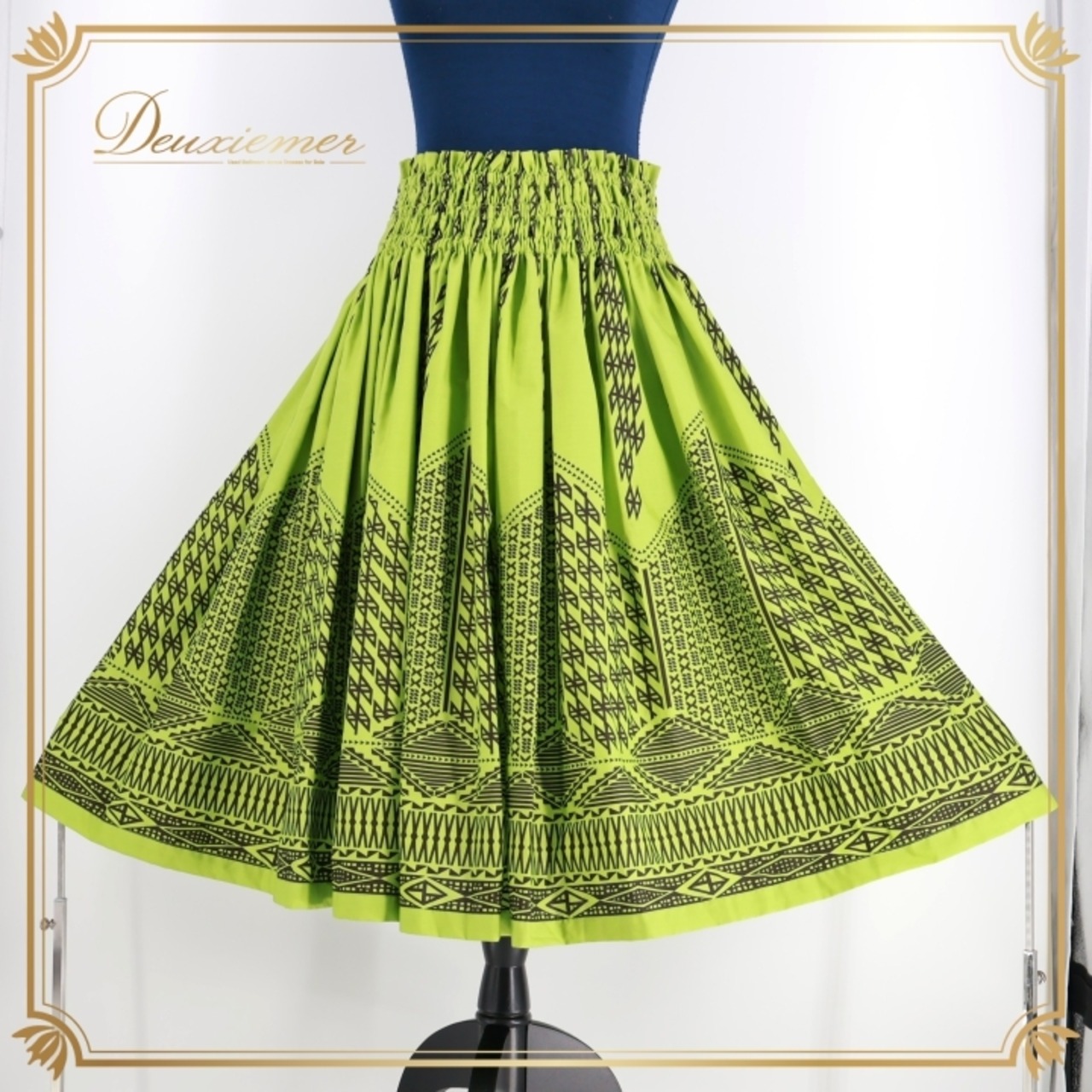 フラダンス 衣装 パウスカート グリーン系 ALOHA FABRICS 黄緑 黒 シングル ハワイアン レッスン アロハ 明るい 爽やか ハワイ製 ハワイアンプリント かわいい スカート ふんわり ブラック系