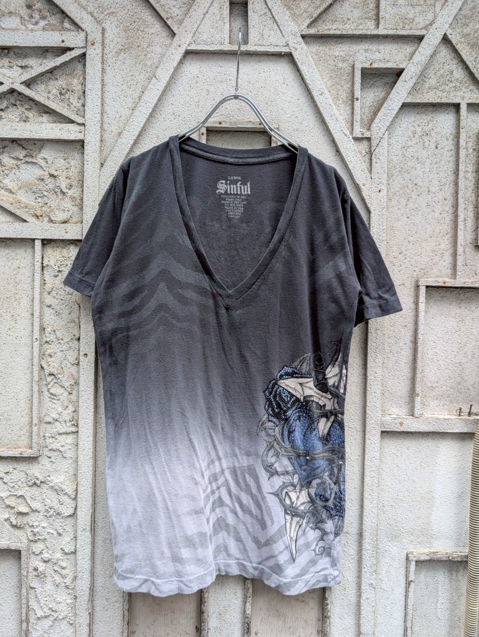 "SINFUL" rhinestone V-neck tee / made in USA