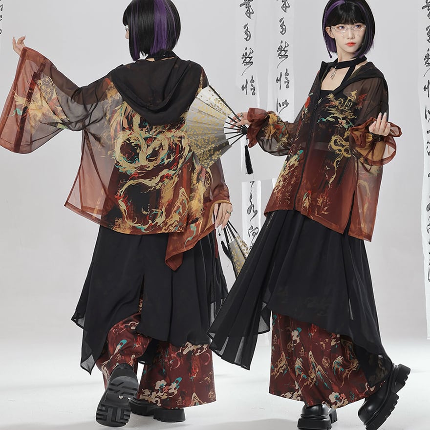 中華ゴシック ワイドパンツ 袴パンツ ゆったり 刺繍 卿棠オリジナル 夏服 Y2Kファッション ストリートファッション