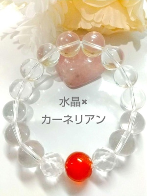 ☆パワーストーンブレス☆水晶×カーネリアンⅹカット水晶　内径15.0㎝±5㎜