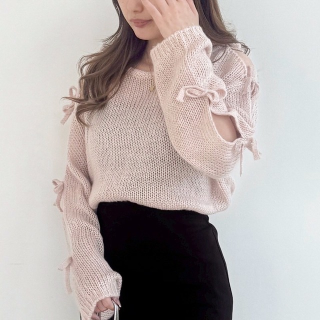 モヘア袖リボンニット レディース モヘアニット モヘア ふわふわ ニット トップス 大人 きれいめ コーデ 透かし編み 女子会コーデ デートコーデ 20代 30代 40代 ホワイト グレージュ ピンク ブラック